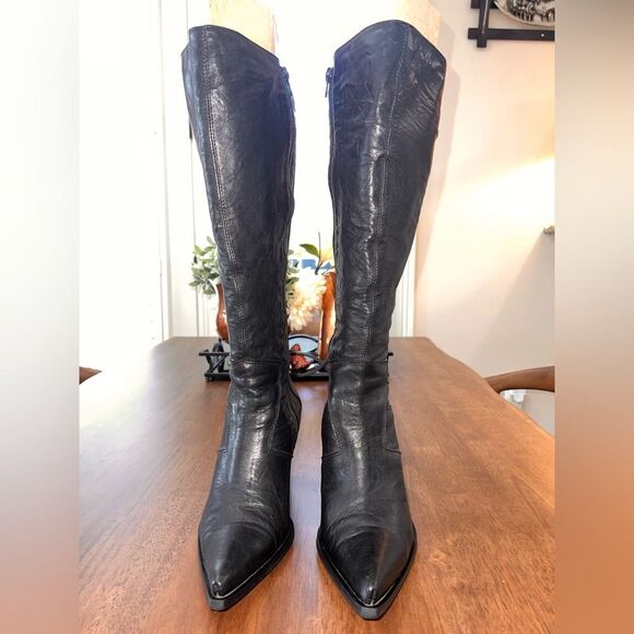 Black Italian Leather Knee High Western Heeled Boots Pointed Toe 9.5 Pour LAmour - Picture 2 of 11